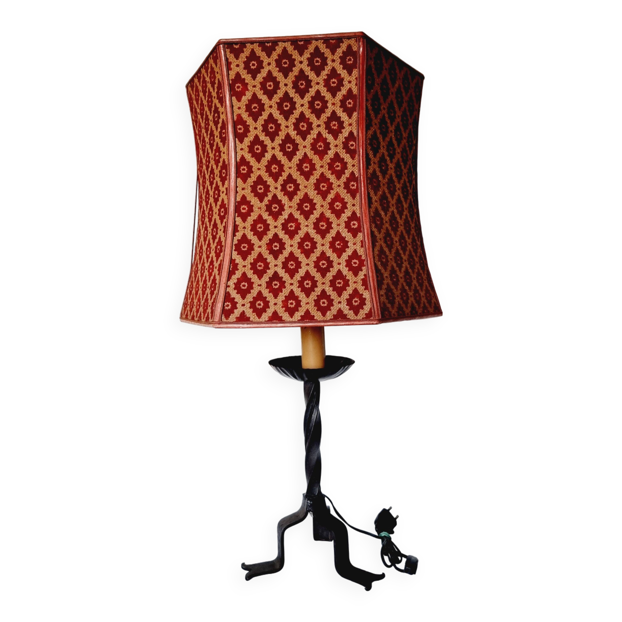 Grande Lampe de Table des années 60 en fer tourné et forgé avec un grand abat-jour vintage en velour