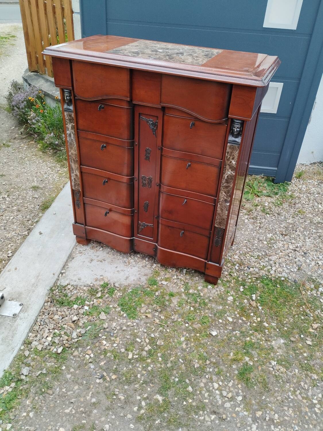 Antique weekly chest of drawers, Louis XVI style marble top