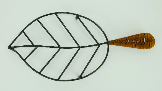 Danish modern leaf-shaped coaster metal and leather 1950s 60s