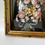 Old frame curved glass square dried flowers and fabric
