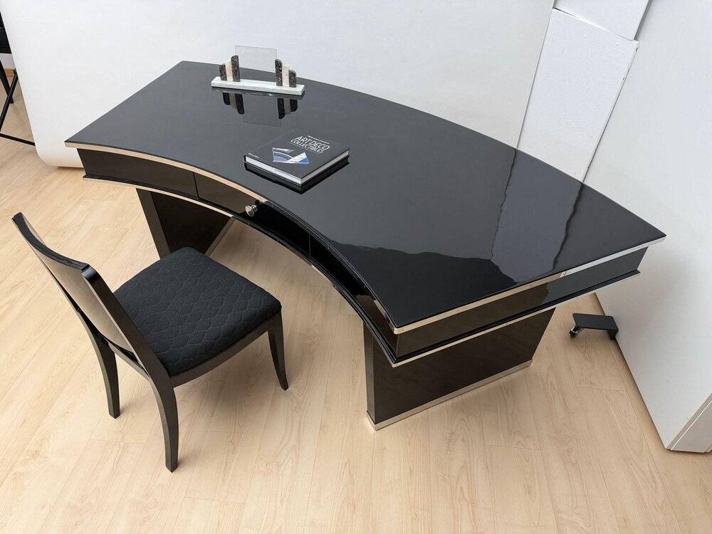 Art Deco desk in black lacquer, walnut & metal, France, 1950