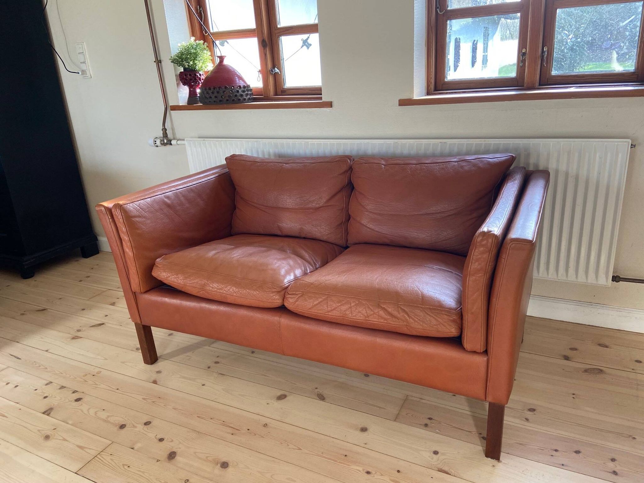 Vintage danish mid century  cognac leather 2 seater stouby sofa