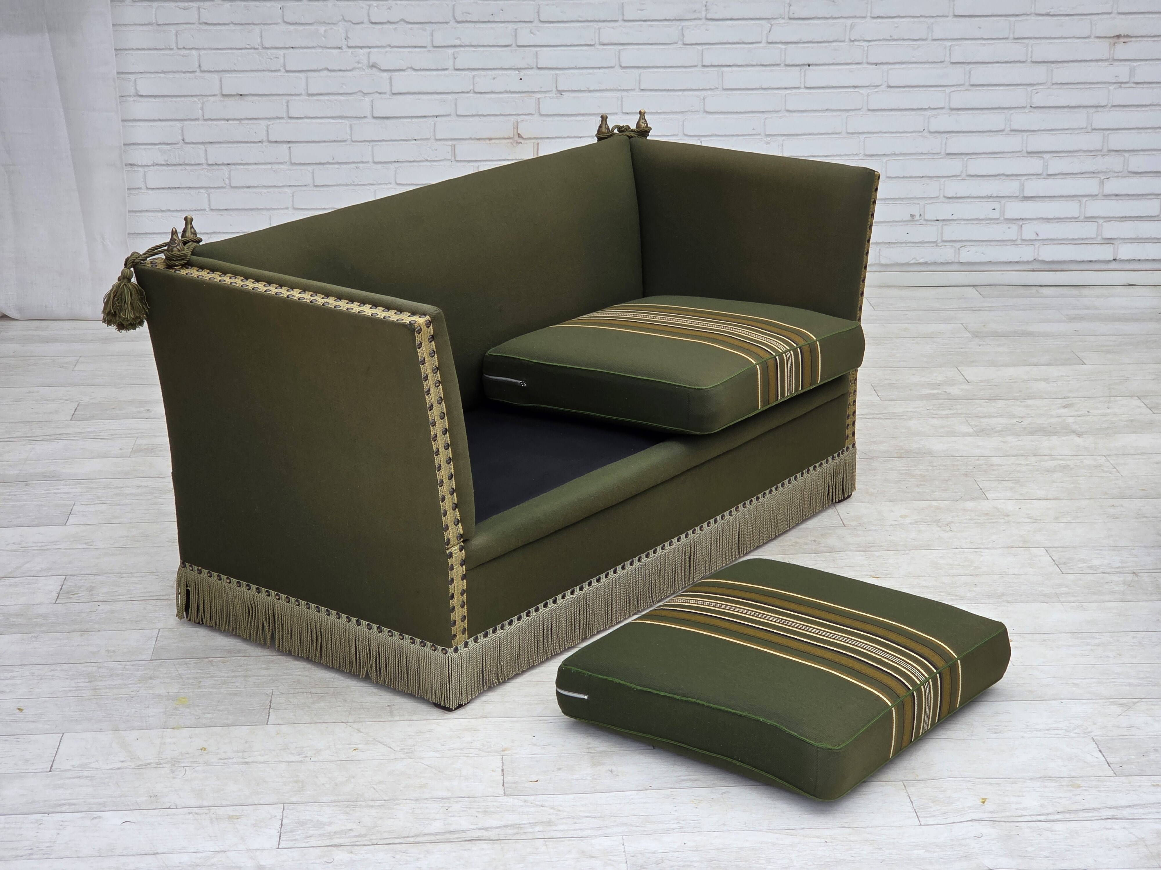 1970s, Danish 2-seater drop arm "Spanish" sofa, furniture wool.