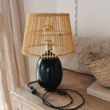 Lampe de table en bois d'ébène et rotin