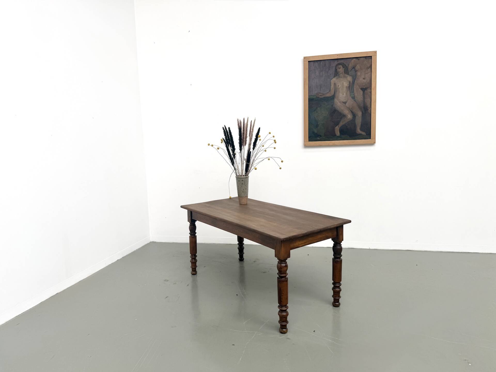 Farm table in solid cherry wood, turned legs, France, around 1900.