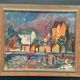 Huile sur panneau suédoise d'époque mi-siècle – « Village côtier » par Solvieg Johansson – Vintage et encadrée – 47 × 41 cm (18,5" × 16,1")