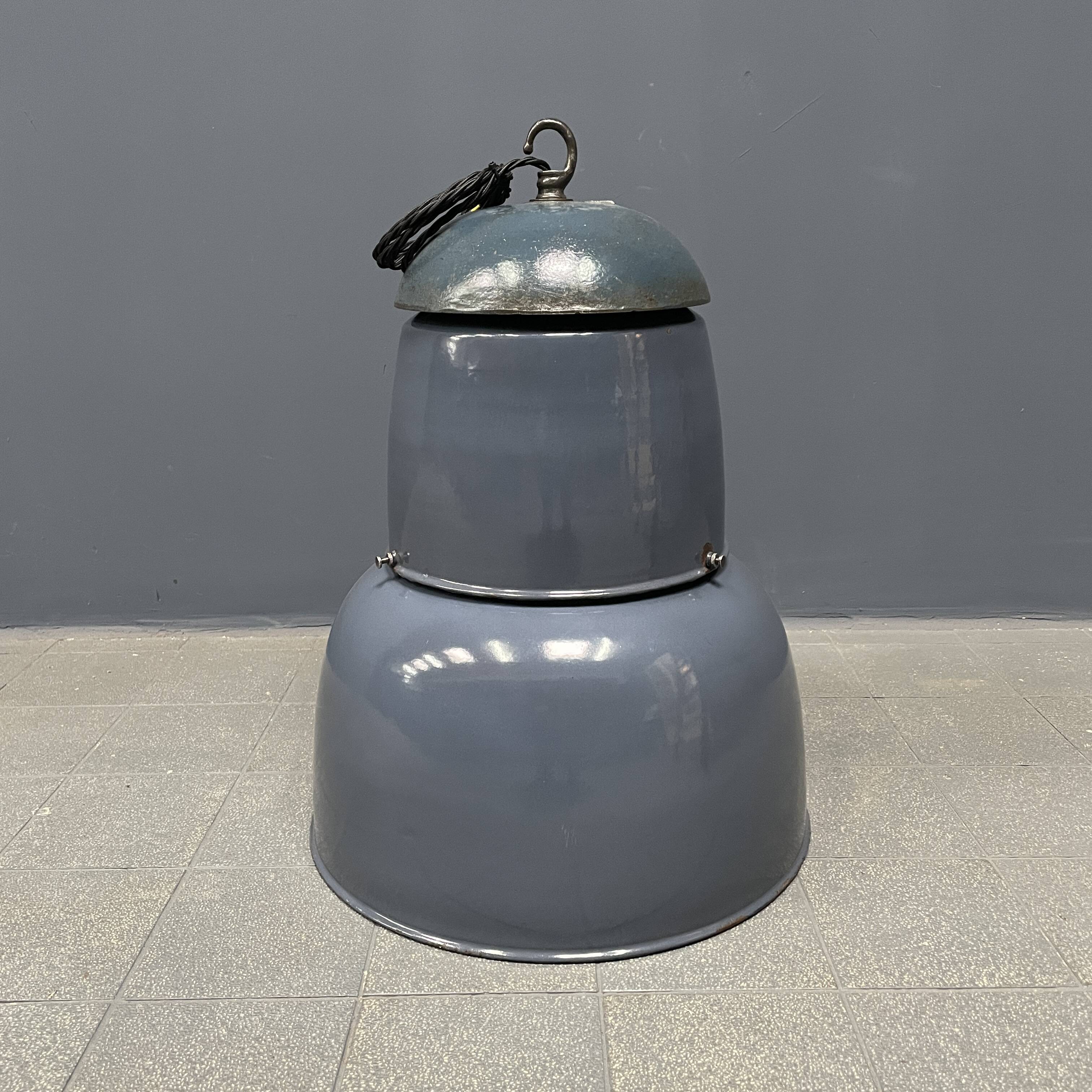 Large old industrial blue-gray enamel pendant lamp