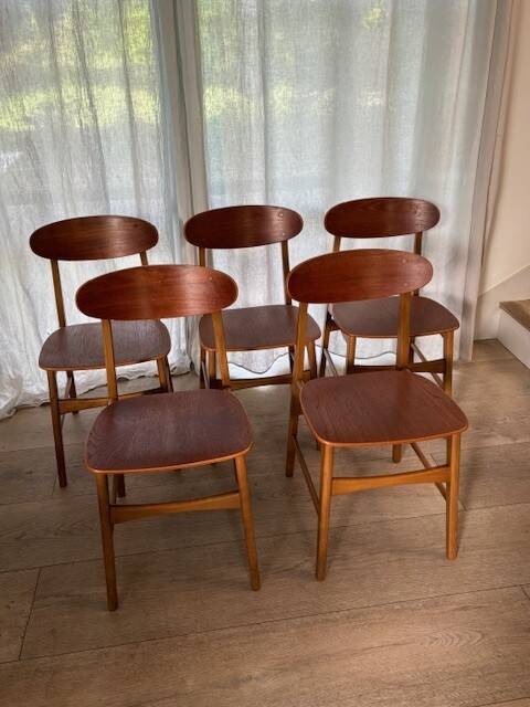 5 beech and teak chairs - Denmark 50s/60s