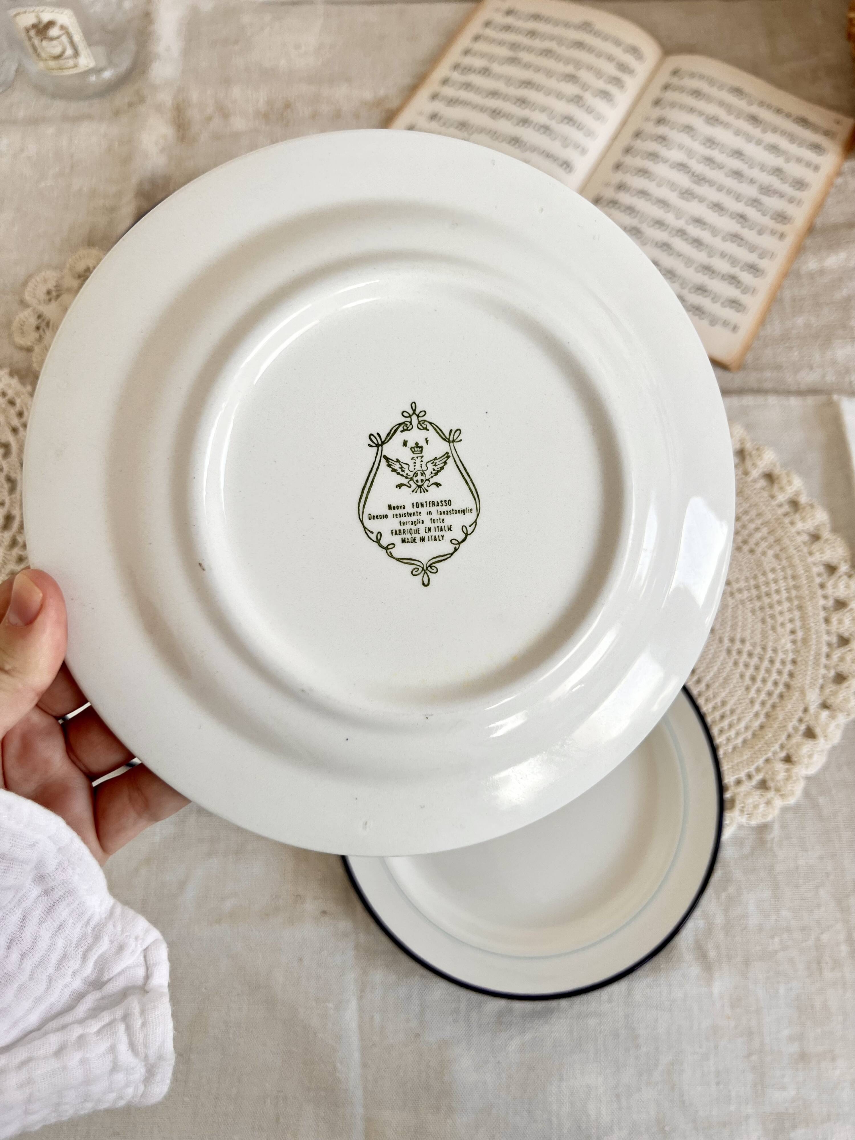 6 vintage Italian porcelain dessert plates with double blue edges