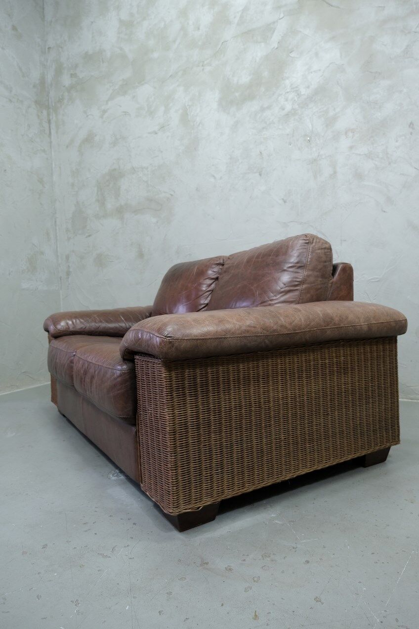 Italian Rattan and Leather Sofa, 1970s