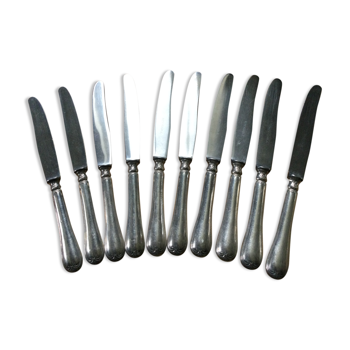 Set of 10 antique silver metal knives
