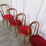 Set of 4 Vintage Bentwood Bistro Chairs, Red Upholstery