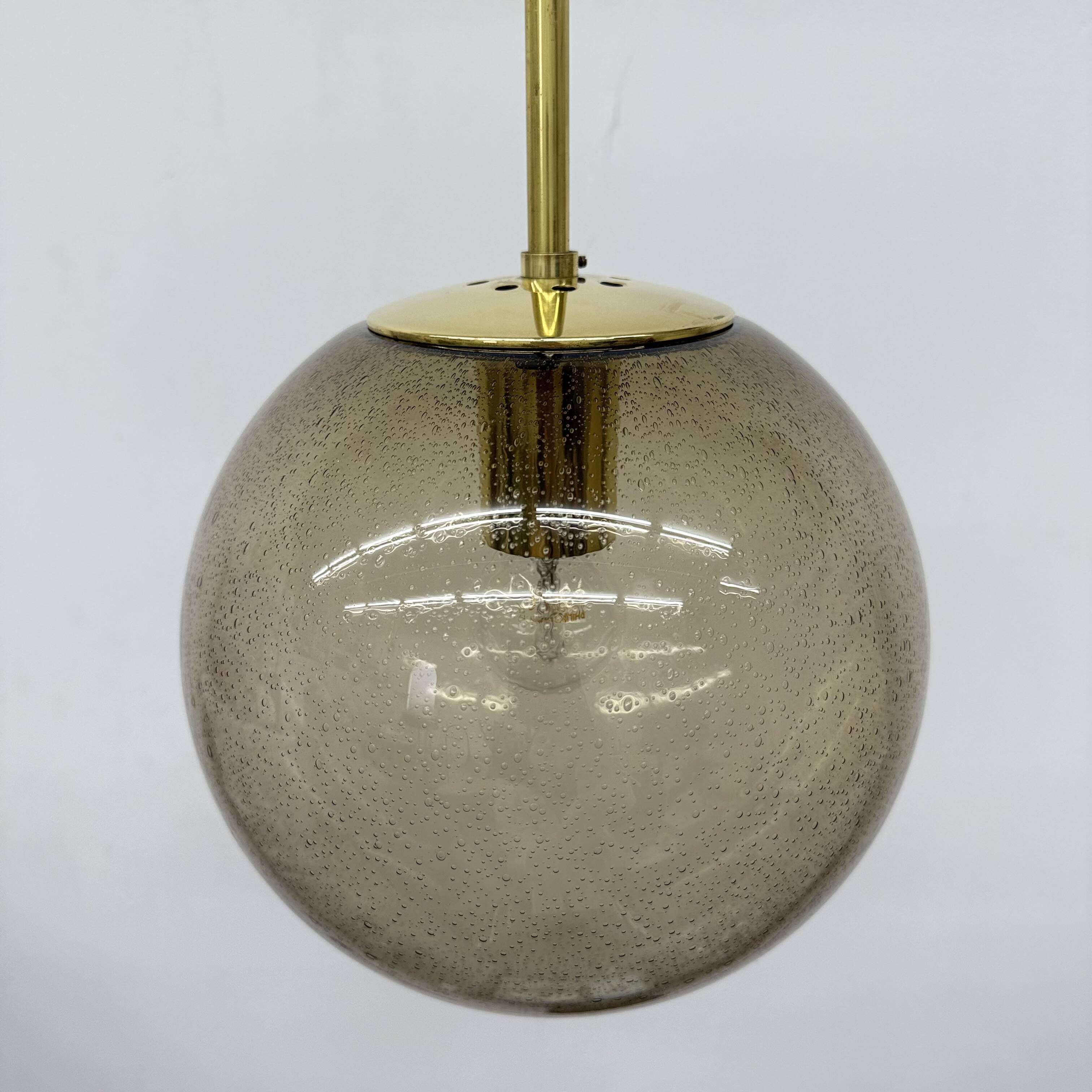 Limburg Glashütte brass smoked glass ball pendant hanging lamp , 1970s