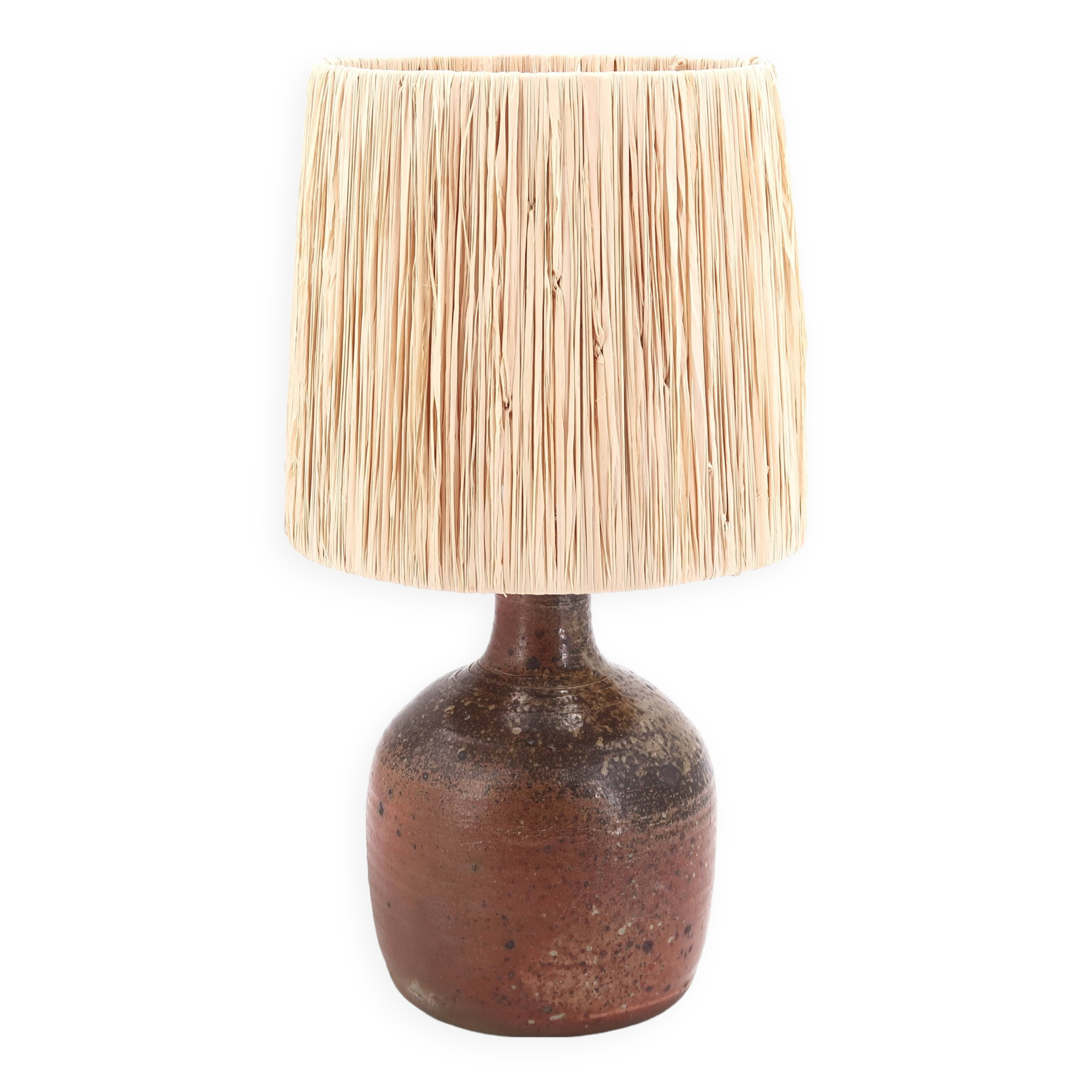 Stoneware lamp with wood firing, raffia lampshade, 1960s