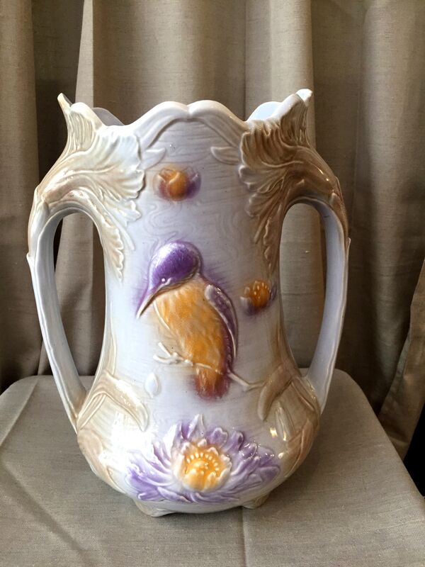 Vase en barbotine de salins les bains modele 7510 avec un decor de martin pêcheur