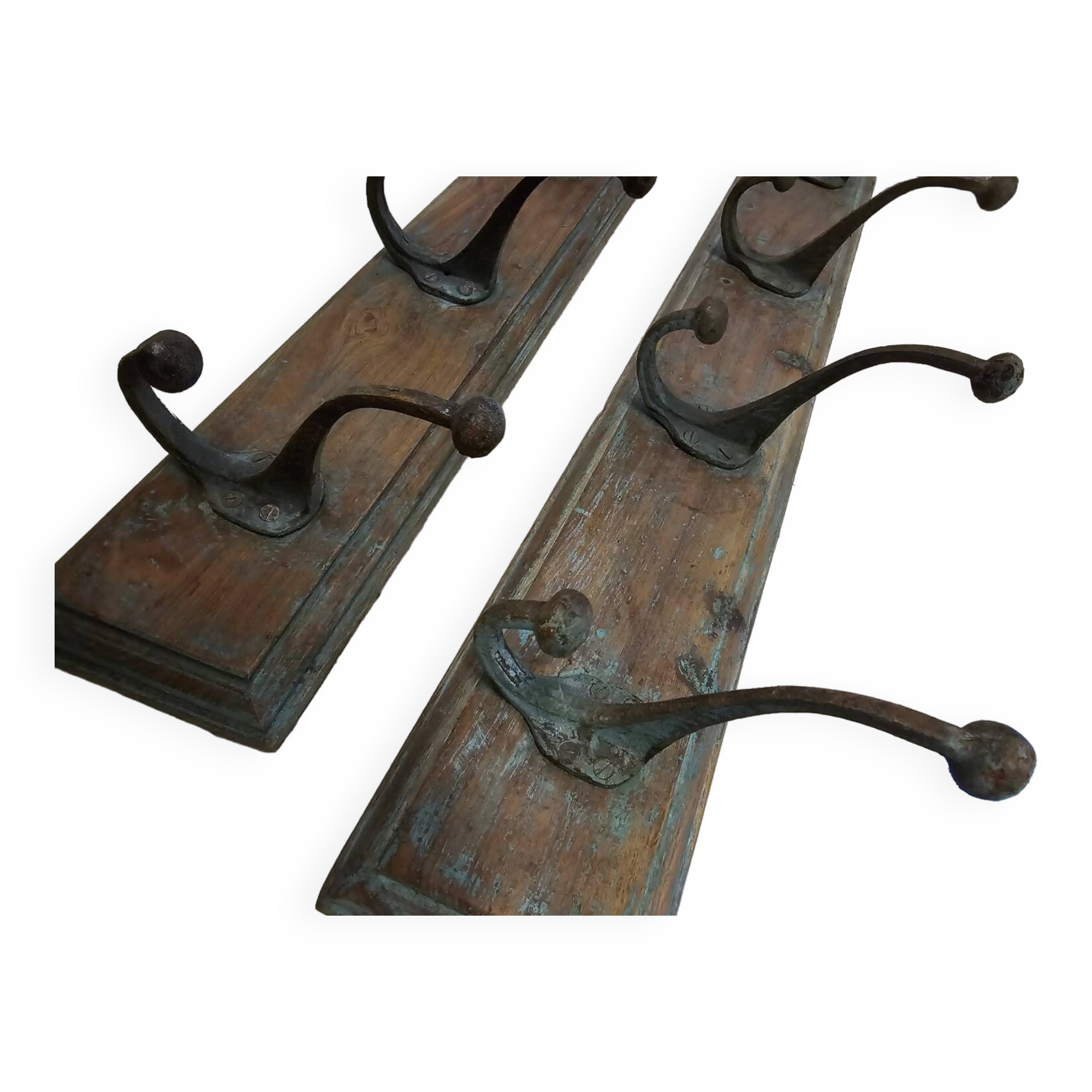 Wooden school coat rack and cast iron coat hooks
