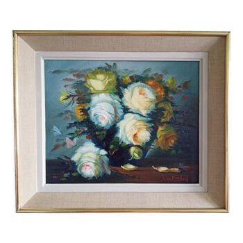 Nature morte - bouquet de roses – huile sur toile encadrée signée Pilar Benlloch