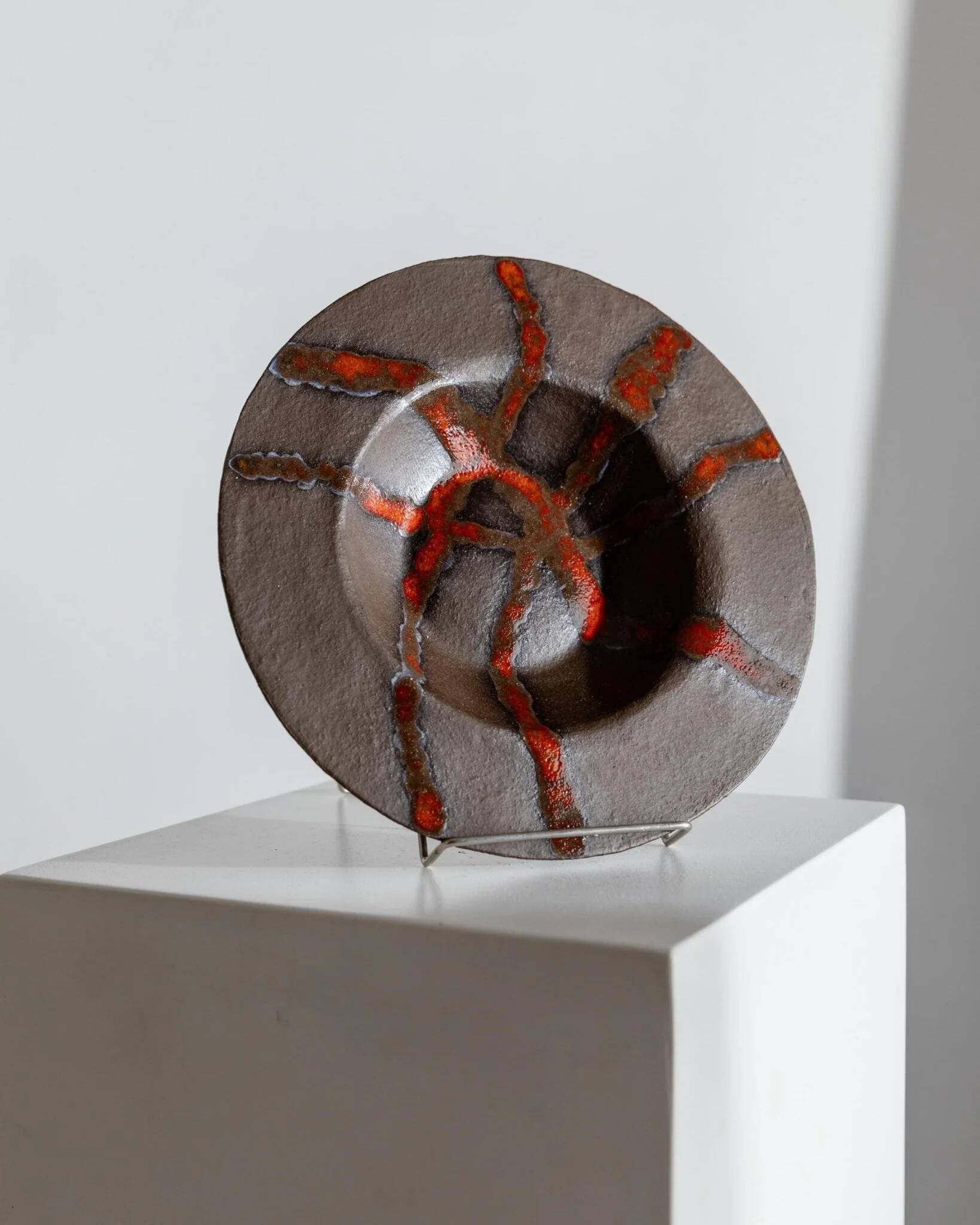 Brown Stoneware Bowl with Red Glaze Streaks, Partially Glazed-Vintage Italian Studio Ceramic, 1970s