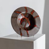 Brown Stoneware Bowl with Red Glaze Streaks, Partially Glazed-Vintage Italian Studio Ceramic, 1970s