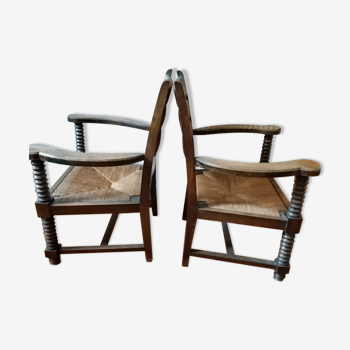 Pair of vintage armchairs in wood and straw 1940