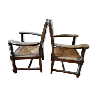 Paire de fauteuils vintage en bois et paille 1940