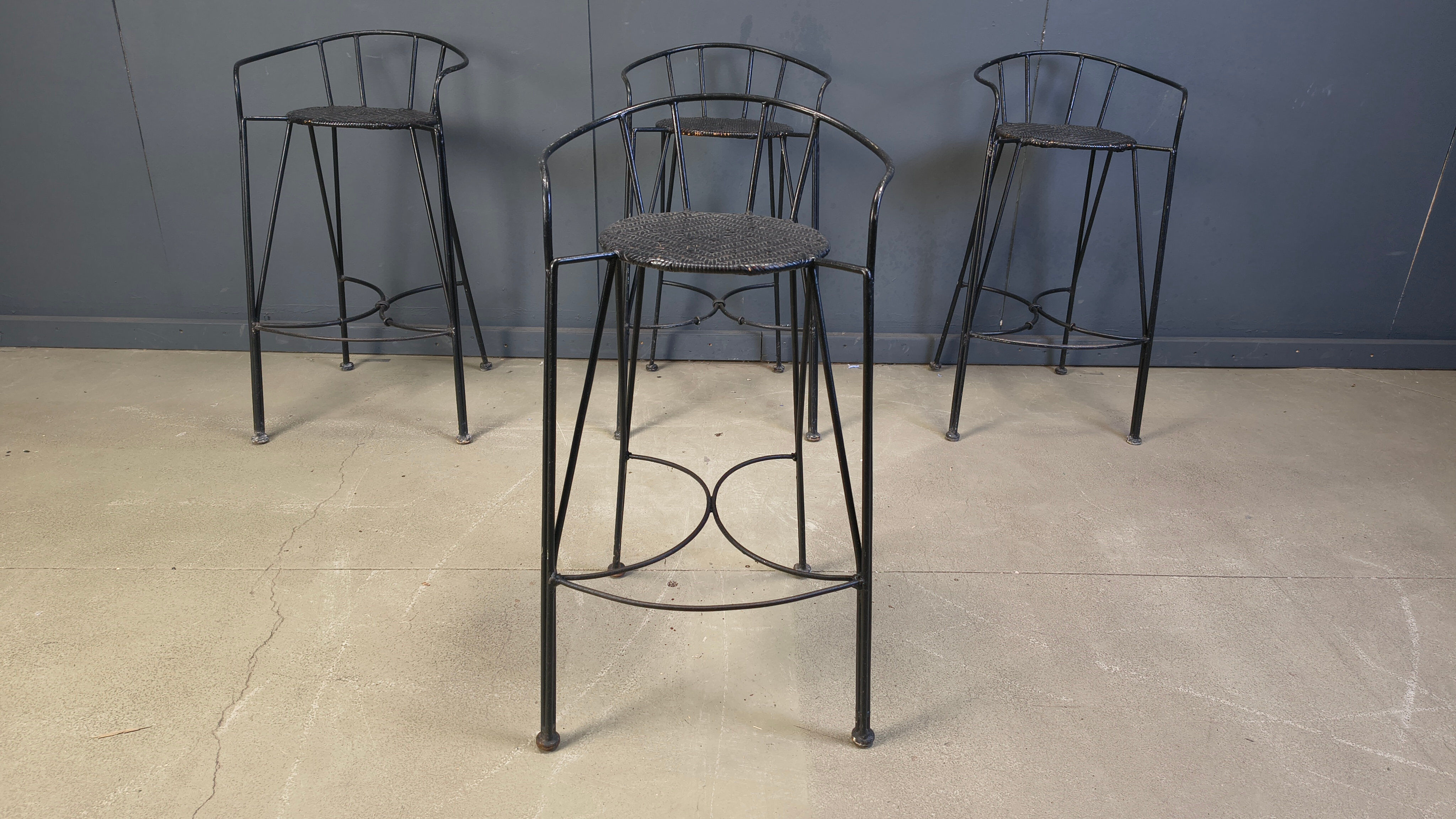 Tabourets de bar vintage en fer forgé et rotin, ensemble de 4 - années 1970