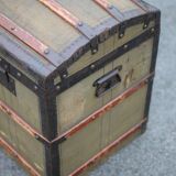 Antique trunk made of burlap and iron, storage suitcase