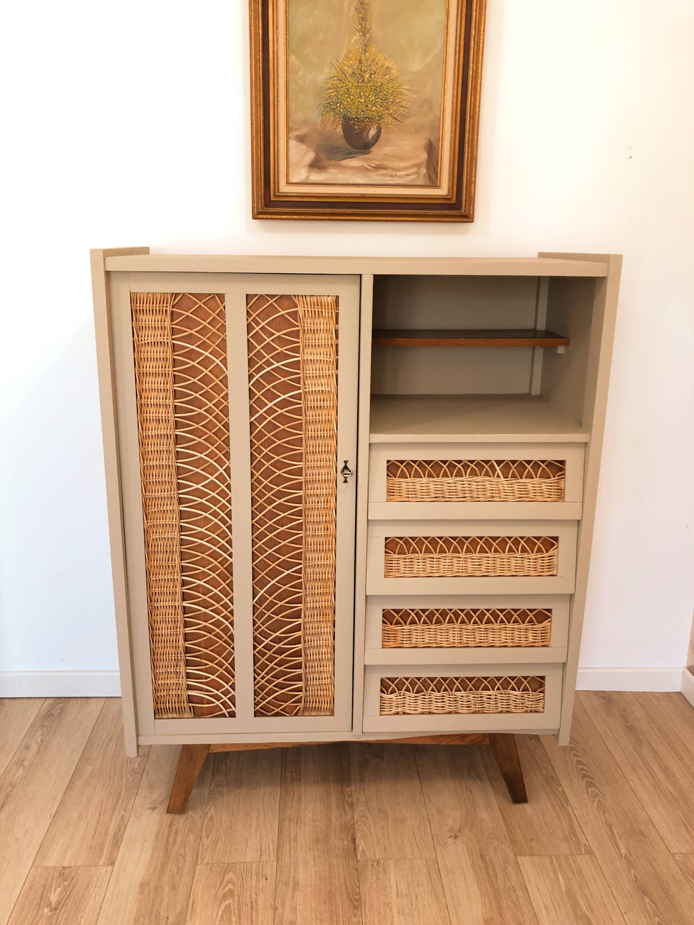 60s/70s wardrobe in wood and rattan