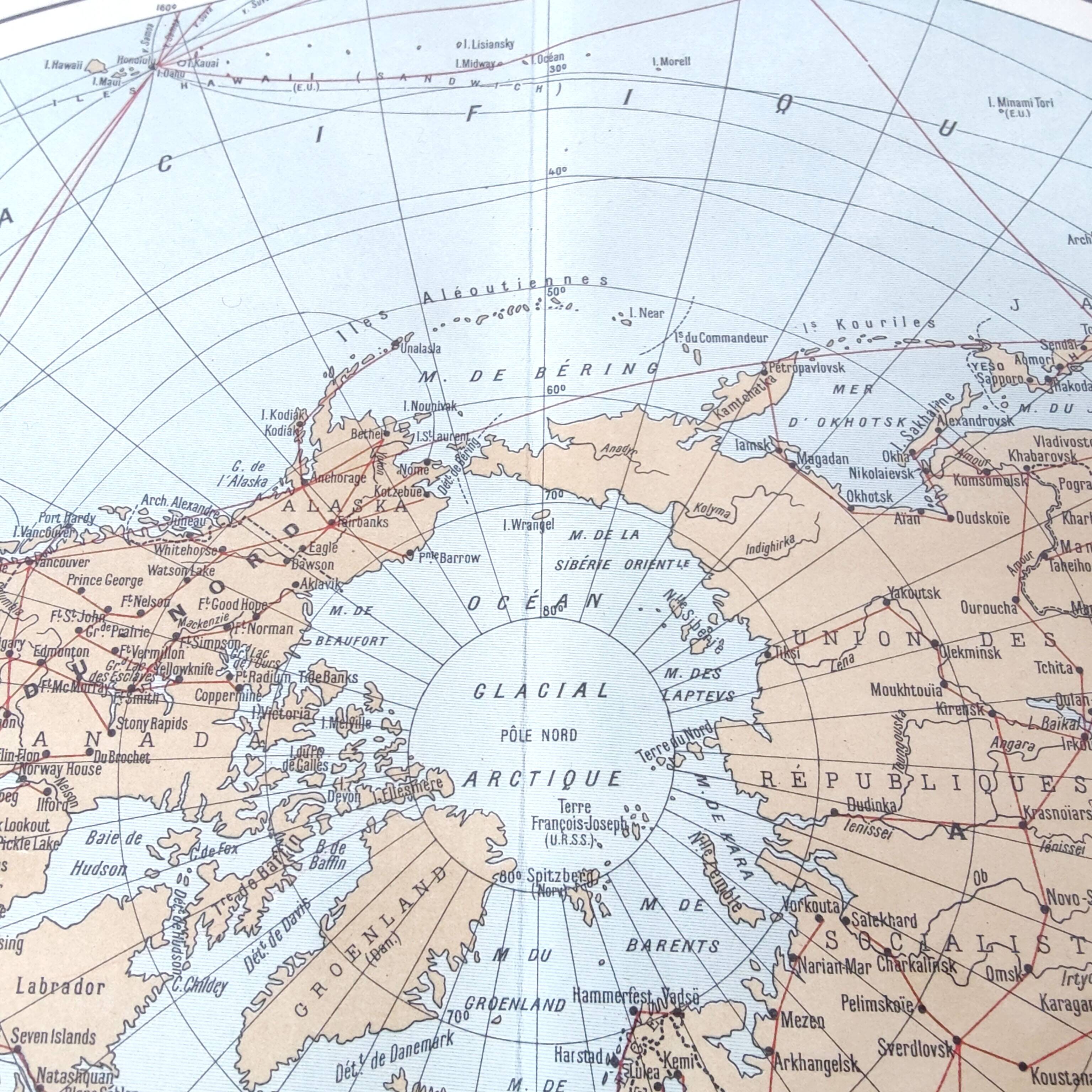 World map planisphere vintage air and maritime lines from 1950