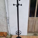 Black lacquered metal coat rack, 8 hooks and umbrella stand, 182 cm