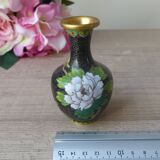 Miniature vase in black and gold cloisonné brass with peonies and flowers decor Vintage