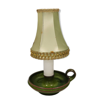 Lampe de table en céramique verte et abat-jour d'origine, années 70