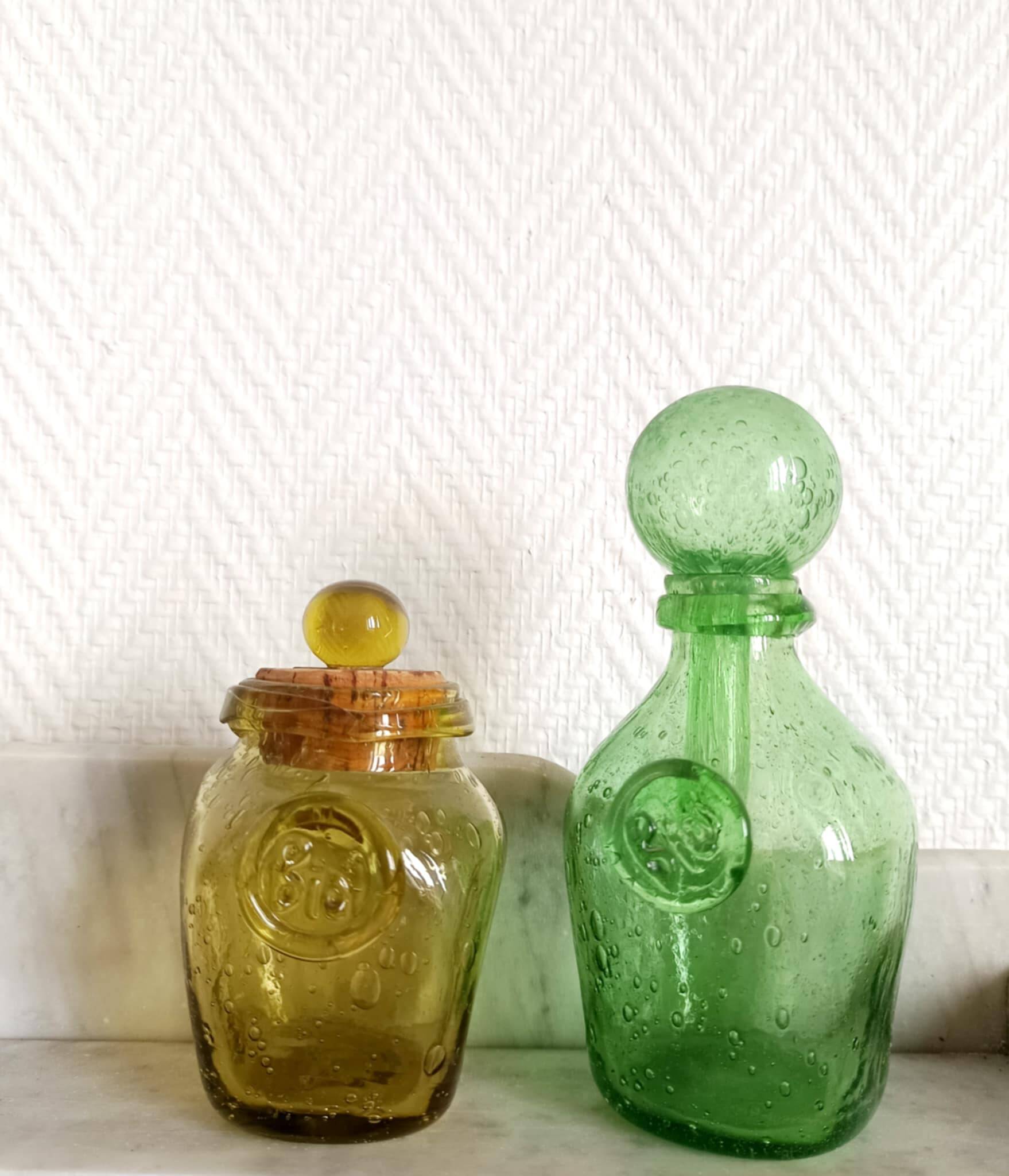 Two Biot bubble glass jars