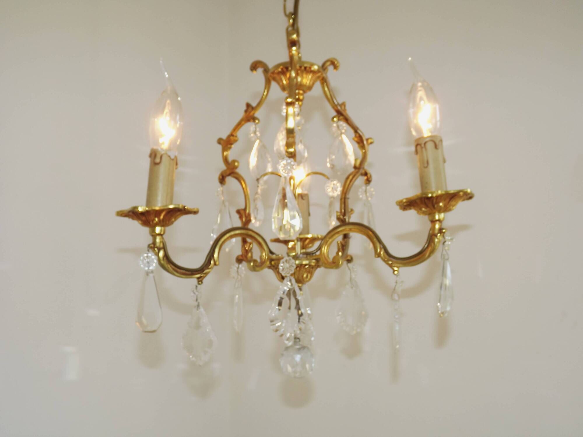 French Vintage Brass Mid Century 3 Light 3 Sided Crystal Cage Chandelier