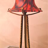 Wrought iron lamp patinated gold with beautiful marbled tulip orange, red, black, very beautiful 35x15 art deco