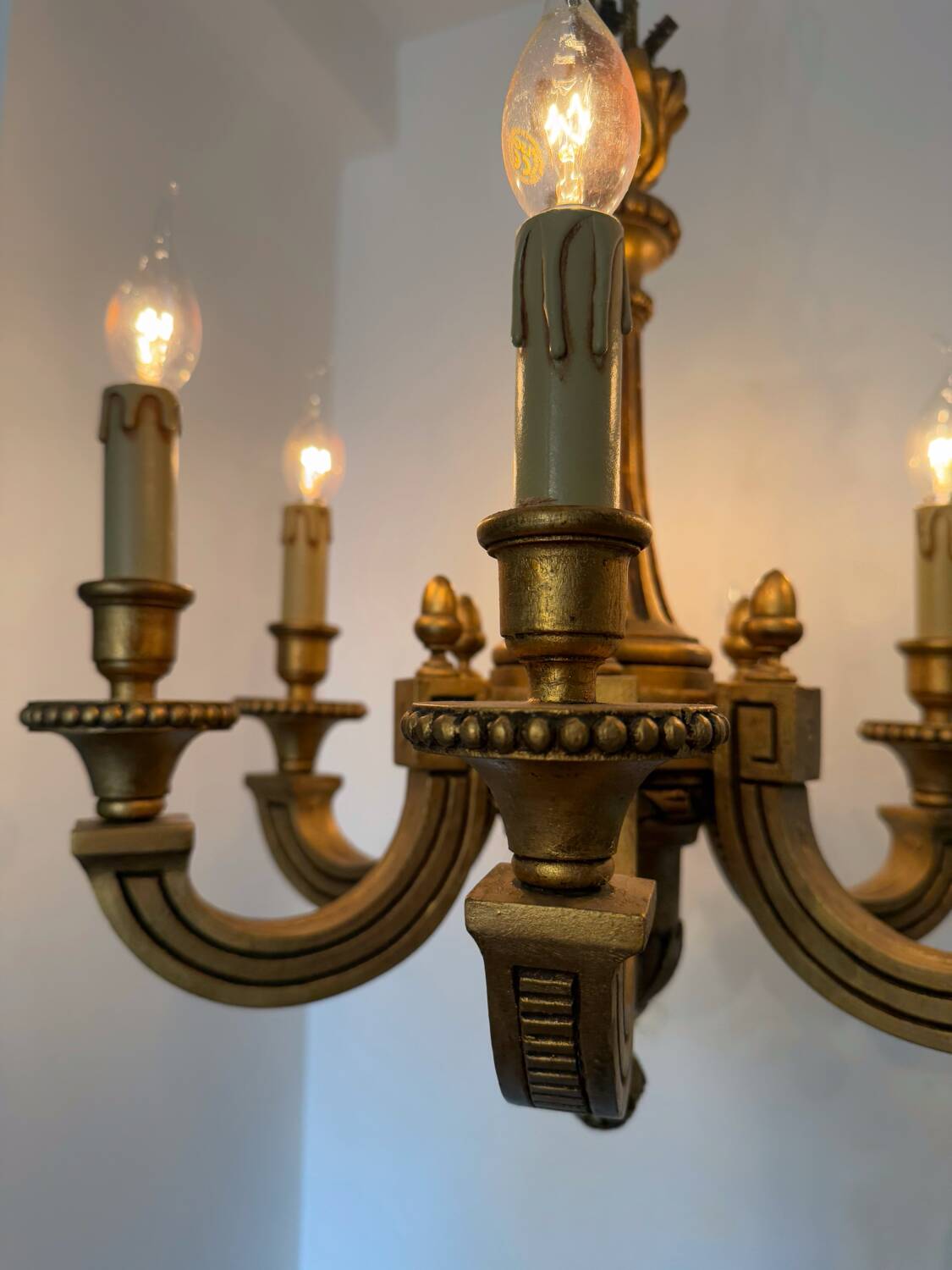 60s carved wood candle chandelier