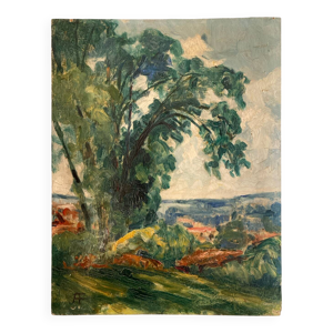 Huile sur panneau paysage - campagne