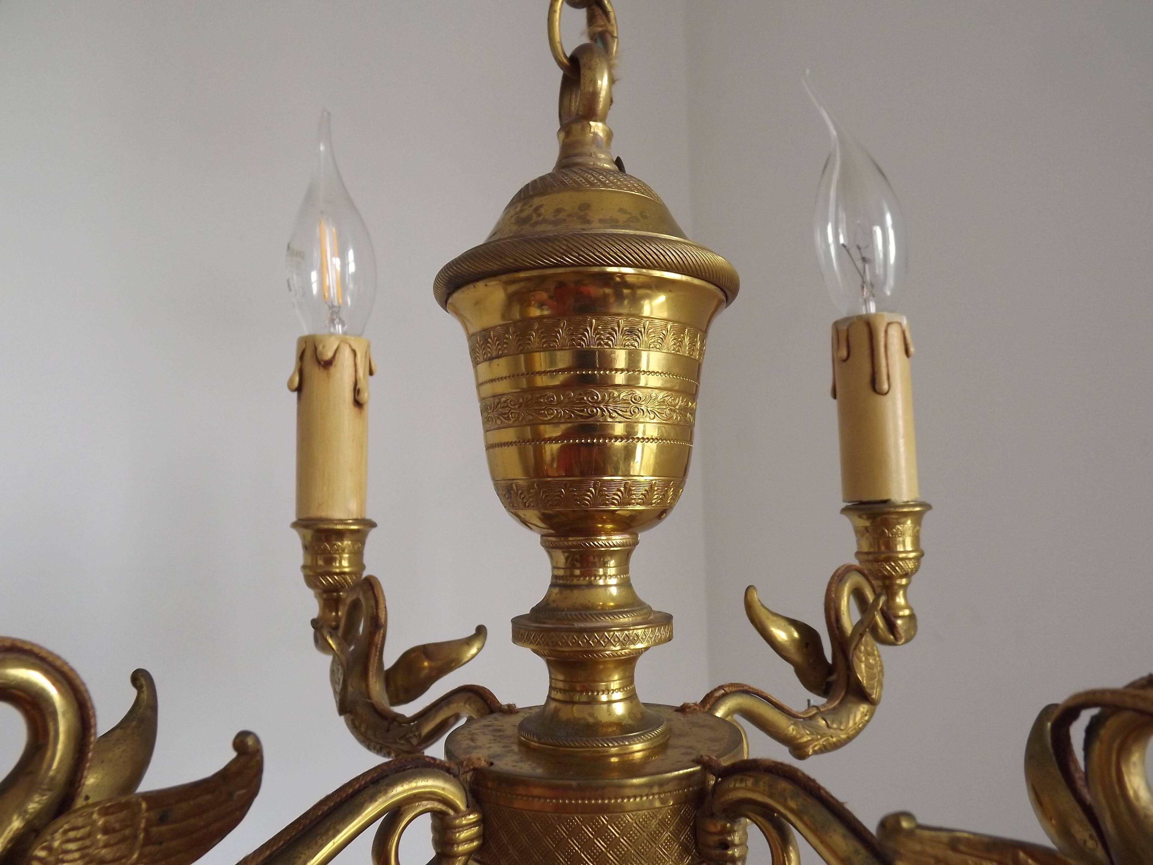 French Empire Style Bronze 4-Light Chandelier with Swan Detail Arms