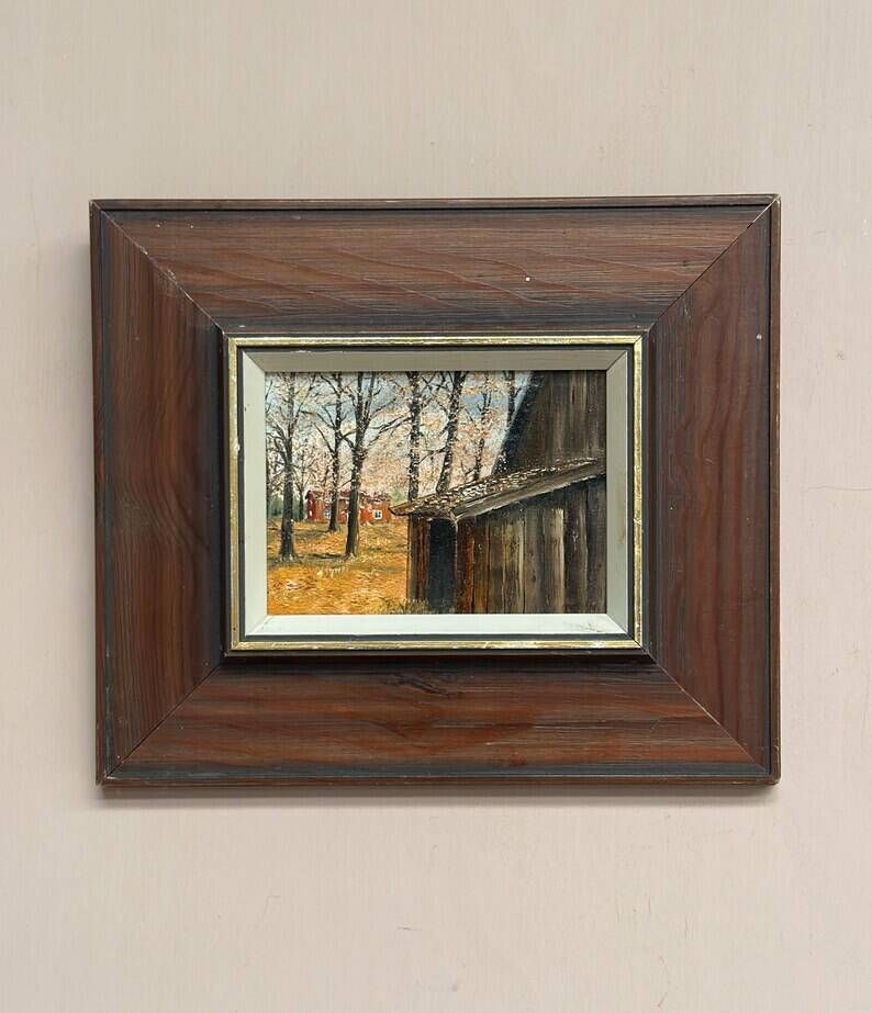 Original Swedish Oil on Canvas – "Autumn" by an Unknown Artist – Vintage and Framed – 22 × 18.5 cm