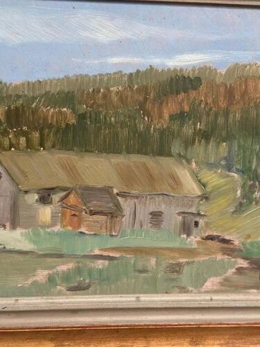 Oil on Panel “Landscape with a Hut” by Carl Einar, Vintage & Framed 38.5×32cm