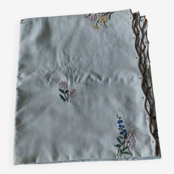 Old embroidered linen square tablecloth 135 x 150 cm