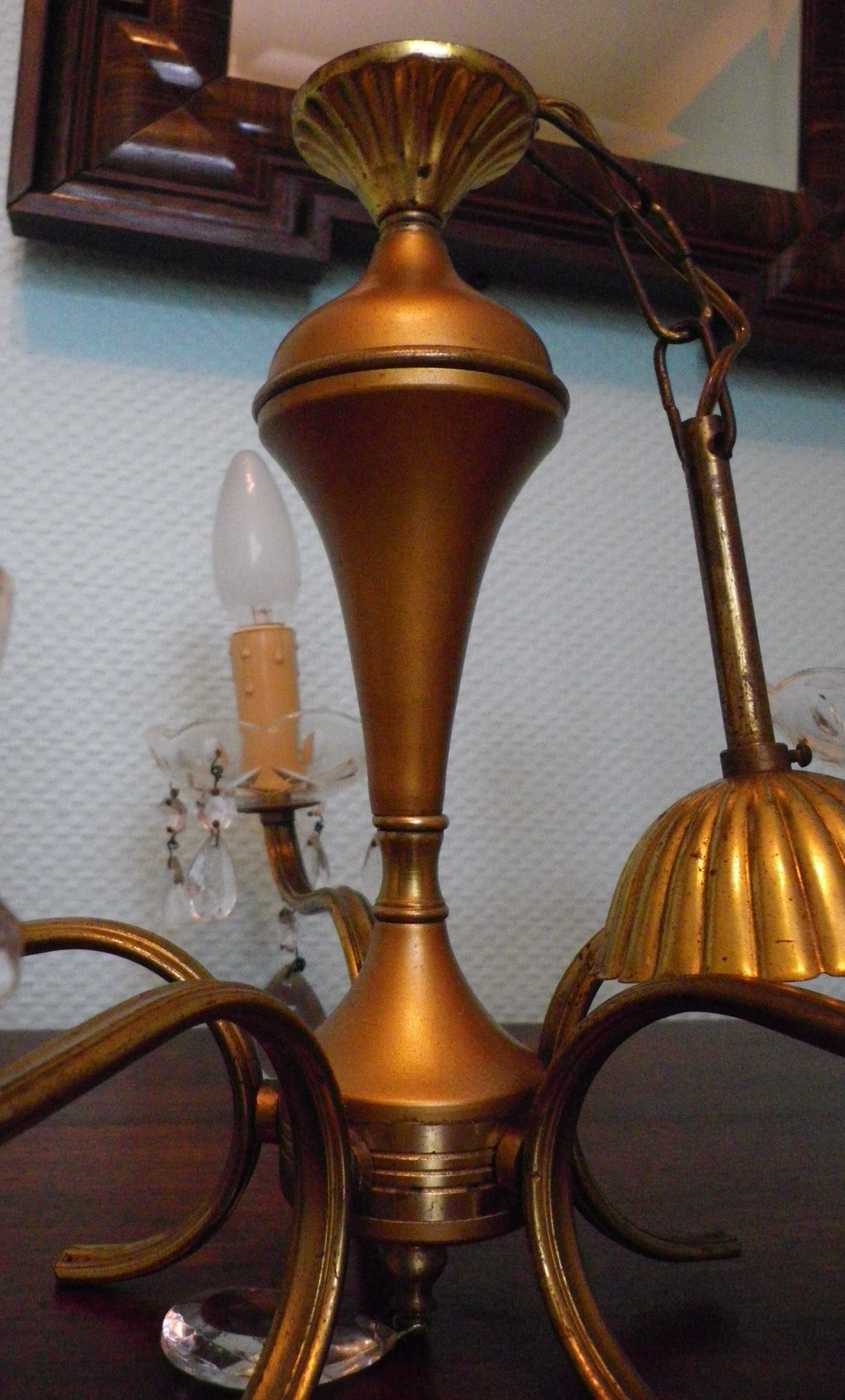 Suspension 5 lights, gold metal, glass cups with glass grapevines