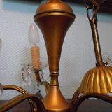 Suspension 5 feux, métal doré, coupelles en verre agrémentées de pampilles en verre