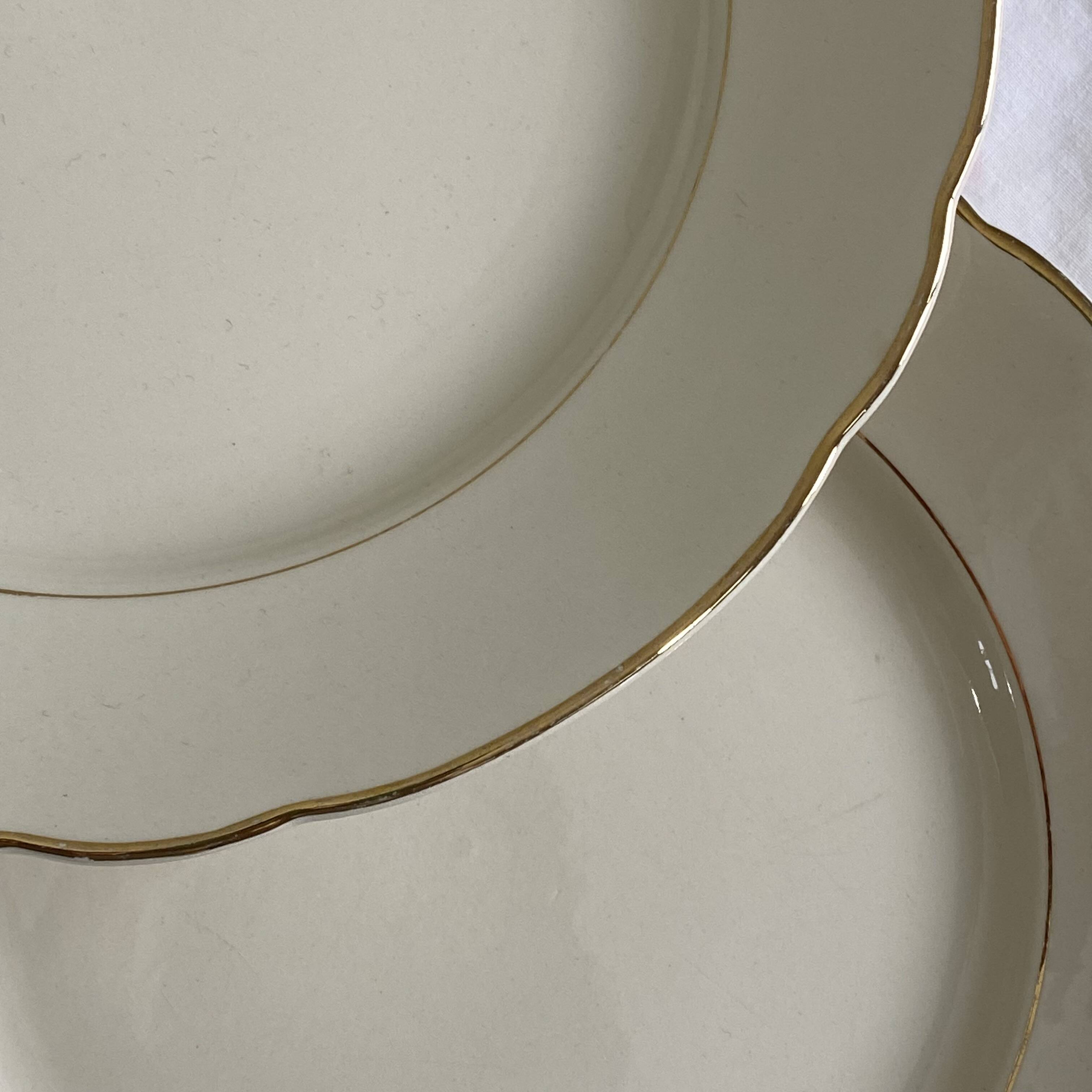6 antique beige earthenware dinner plates with gold trim by Villeroy and Boch.