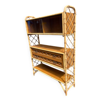 Shelving unit with box, in wood and rattan