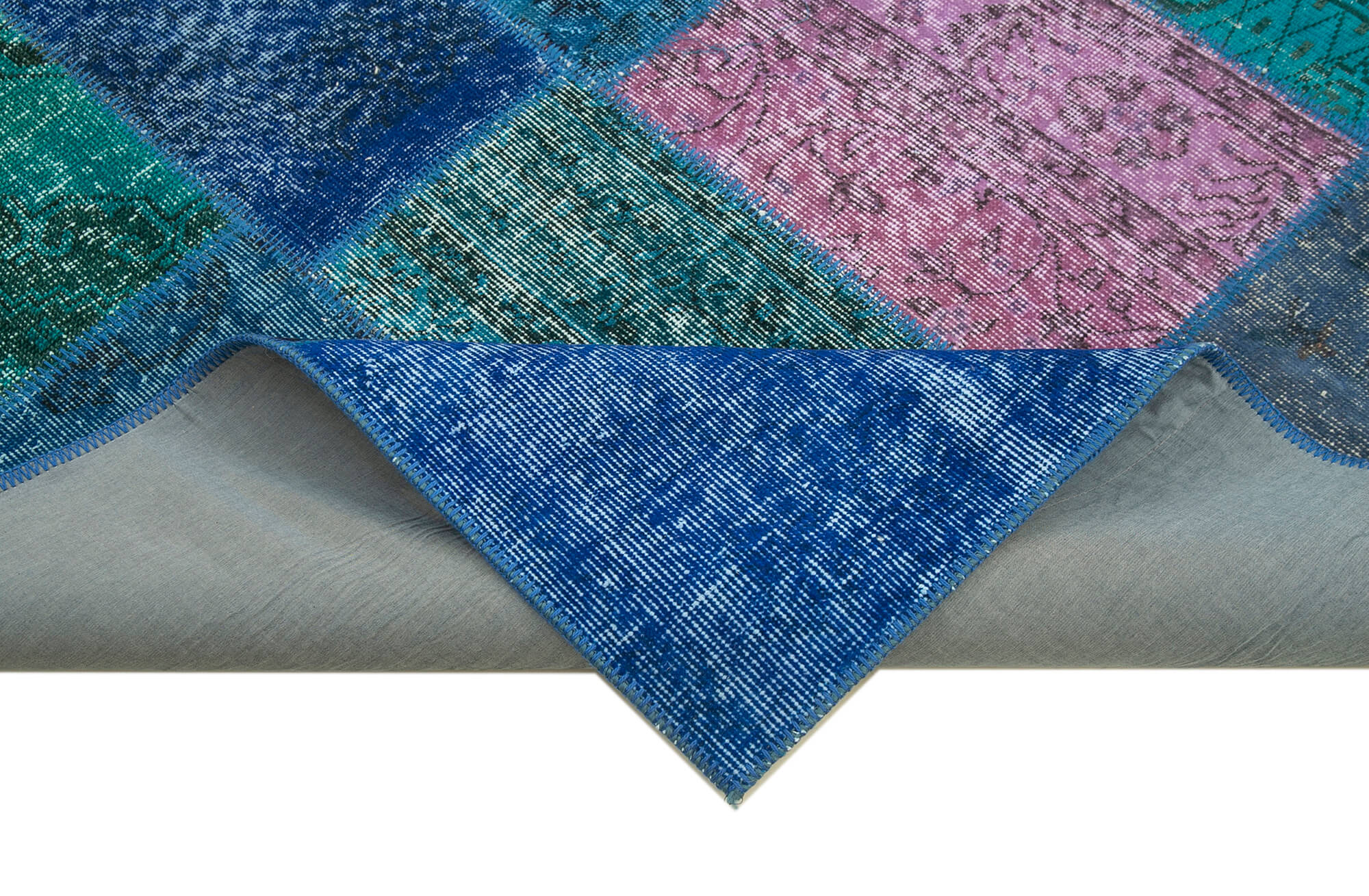 Handmade anatolian vintage 202 cm x 300 cm blue patchwork carpet