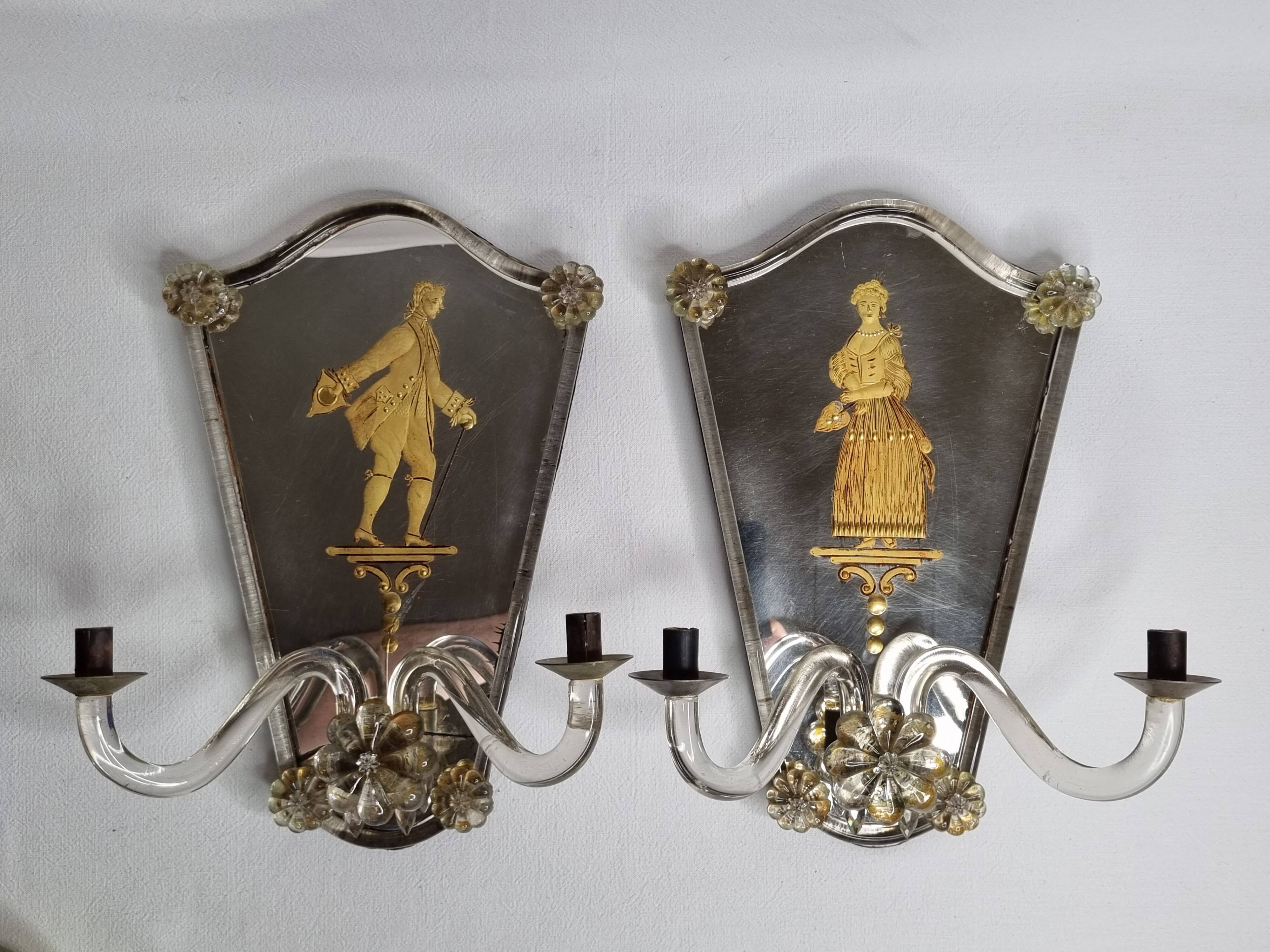 Pair of antique Murano wall lights with gilded engraved mirror, Italy, 19th century