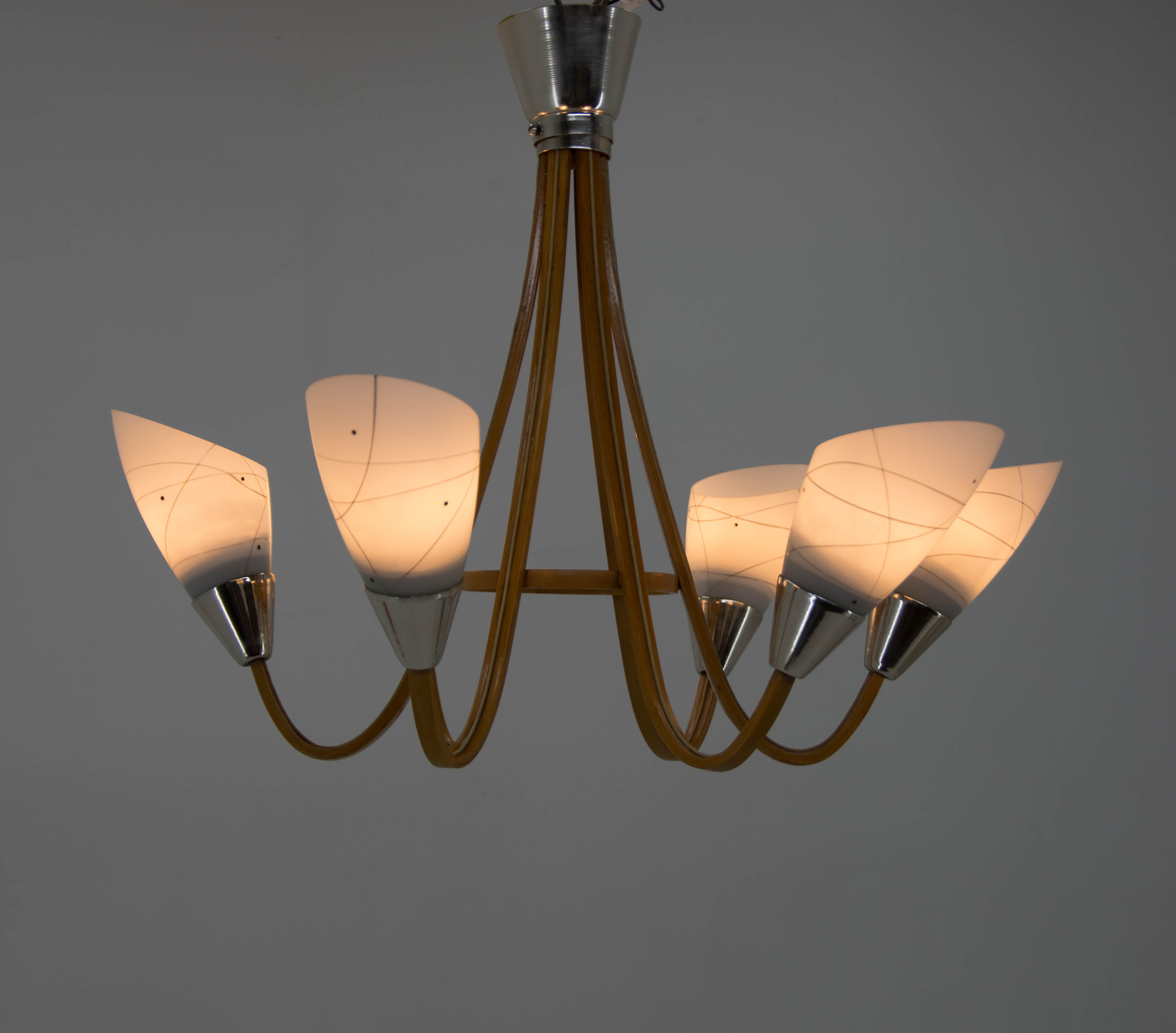 Mid-Century Wood & Glass Chandelier by Dřevo Humpolec, 1960s