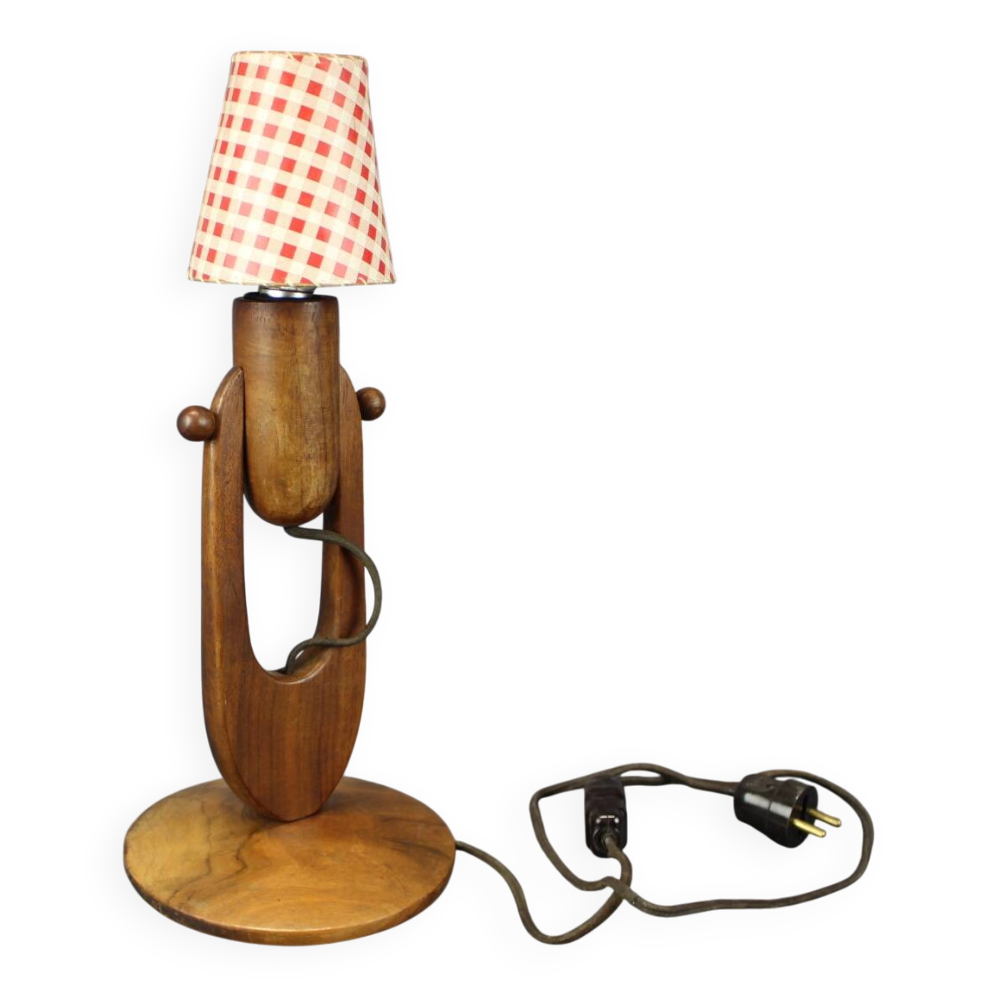 Mid-century adjustable wooden table lamp with checked shade, Czechoslovakia