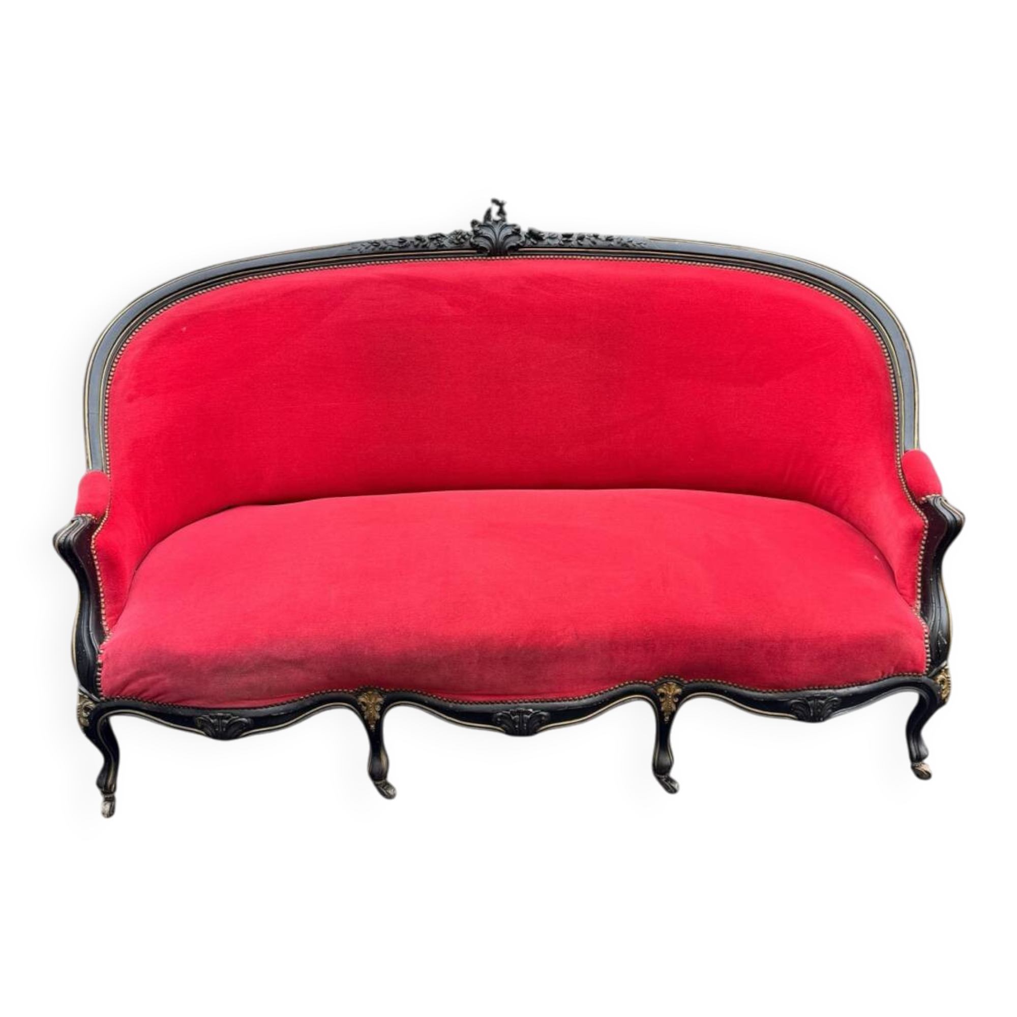 Napoleon III period bench – Blackened wood, brass and red velvet